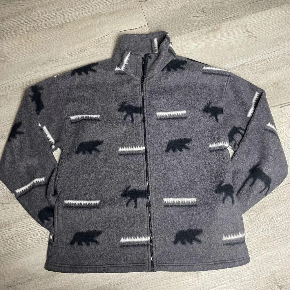 Vintage‎ Wildlife Fleece Jacket Grey Bear Moose Print Full Zip Mens L USA Made